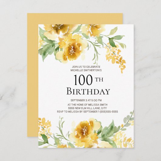 Invitation Aquarelle Jaune Verdure Florale 100e anniversaire (Devant / Derrière)