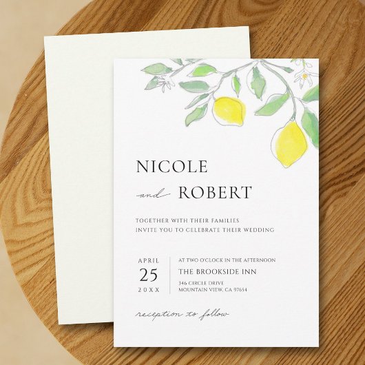 Invitation Aquarelle jaune vert citrons et Mariage Feuille