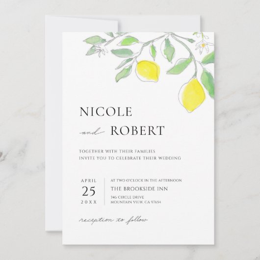 Invitation Aquarelle jaune vert citrons et Mariage Feuille (Devant)
