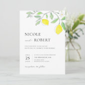 Invitation Aquarelle jaune vert citrons et Mariage Feuille (Debout devant)