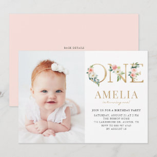 Invitation Aquarelle Joli Floral Or Premier Anniversaire Phot