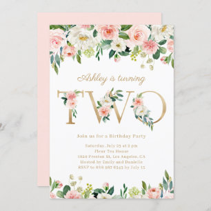 Invitation Aquarelle Jolie Floral Gold Girl Deuxième annivers