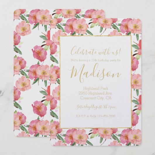 Invitation Aquarelle jolie rose Floral (Devant / Derrière)