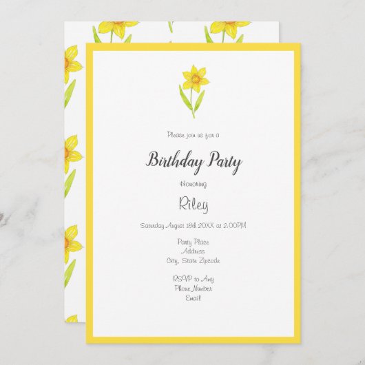 Invitation Aquarelle jonquille 2 et Motif (Devant / Derrière)