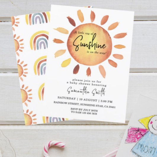 Invitation Aquarelle Joyeux Baby shower de soleil Jaune