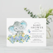 Invitation Aquarelle Joyeux éléphant bébé douche garçon (Debout devant)