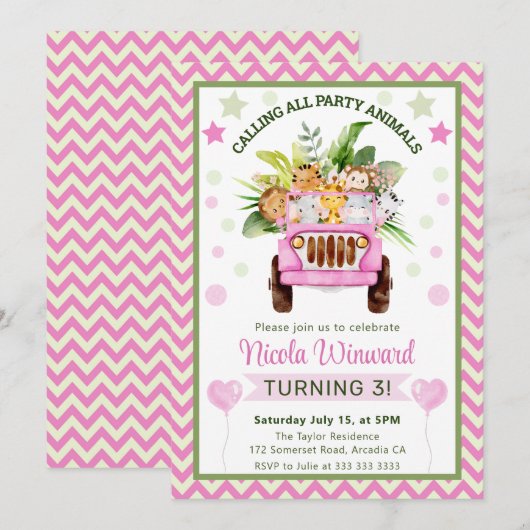 Invitation Aquarelle Jungle Safari Animaux Anniversaire (Devant / Derrière)