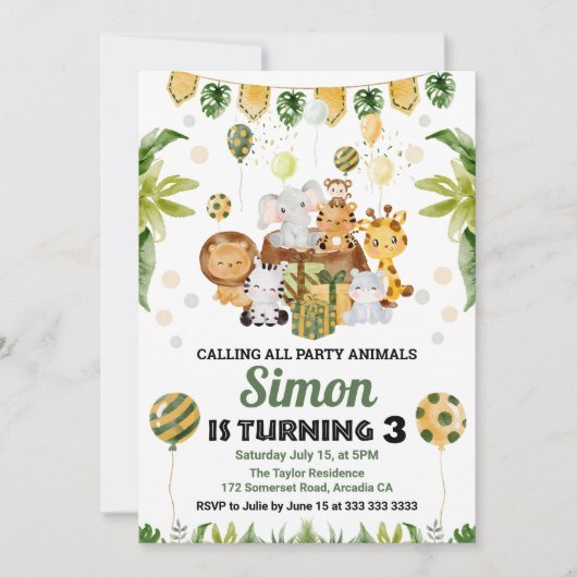 Invitation Aquarelle Jungle Safari Animaux Anniversaire de en (Devant)