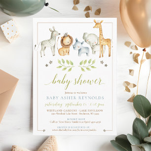 Invitation Aquarelle Jungle Safari Animaux Baby Boy Douche