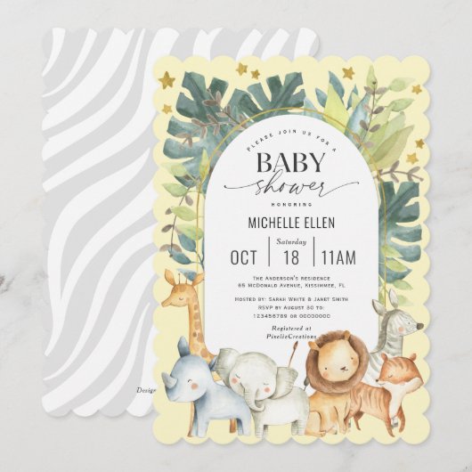 Invitation Aquarelle Jungle thème baby shower Jaune moderne (Devant / Derrière)