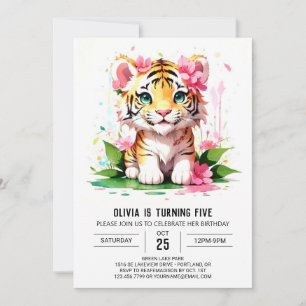 Invitation Aquarelle Jungle Tiger Girl Anniversaire