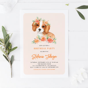 Invitation Aquarelle King Charles Spaniel Floral Anniversaire