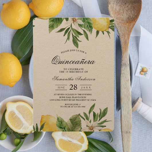Invitation Aquarelle Kraft Citrons jaunes et feuilles