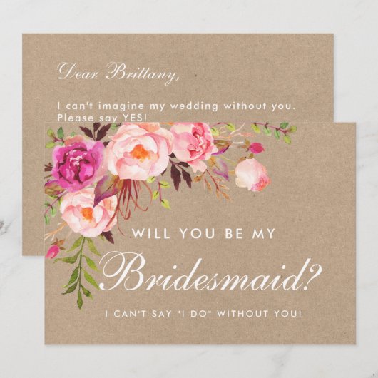 Invitation Aquarelle Kraft Floral rose (Devant / Derrière)