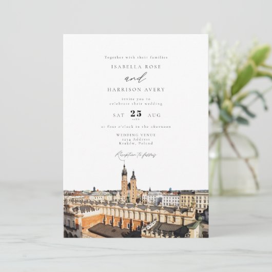 Invitation Aquarelle Kraków Skyline Bâtiments Mariage (Debout devant)