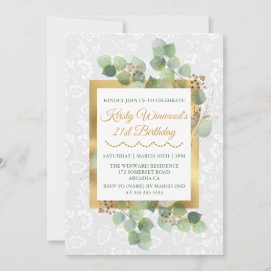 Invitation Aquarelle laisse doré Glitter or Foil Anniversaire (Devant)