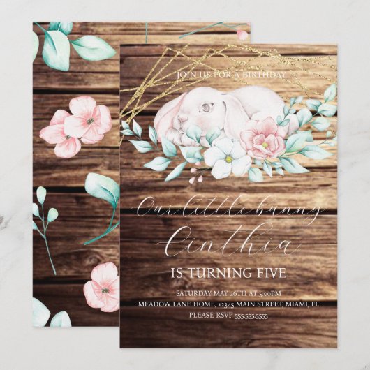 Invitation Aquarelle Lapin de Pâques Fille Floral Anniversair (Devant / Derrière)