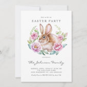 Invitation Aquarelle lapin et fleurs roses Fête de Pâques (Devant)