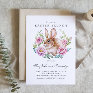 Invitation Aquarelle lapin et fleurs roses Fête de Pâques
