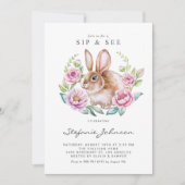 Invitation Aquarelle lapin et Fleurs roses Sip et voir (Devant)