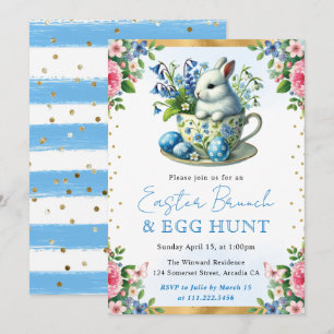Invitation Aquarelle Lapin Fleurs de Printemps Brunch de Pâqu