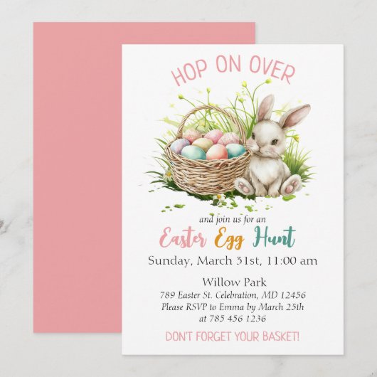Invitation Aquarelle lapin + panier|Chasse aux oeufs de Pâque (Devant / Derrière)