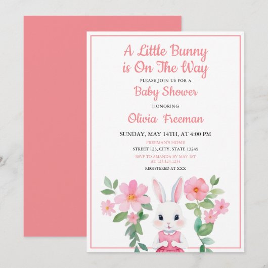 Invitation Aquarelle Lapin Rose Fille Baby shower Floral (Devant / Derrière)