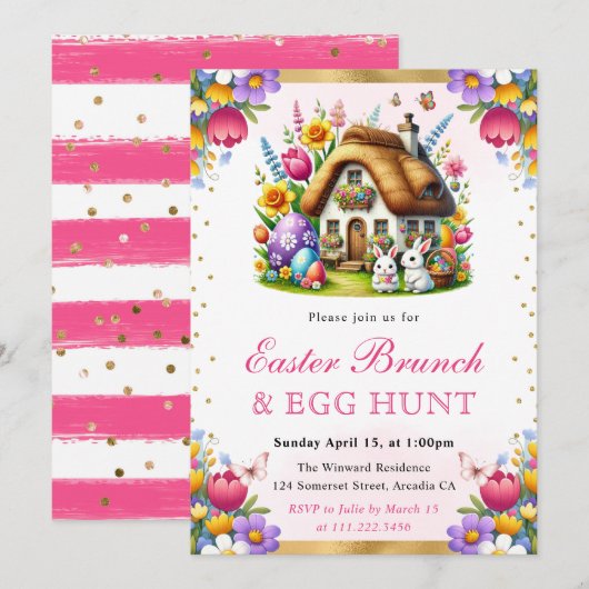 Invitation Aquarelle Lapins de printemps Maison Brunch de Pâq (Devant / Derrière)