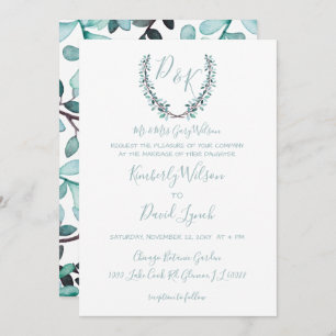 Invitation Aquarelle Laurel Leave Monogram Mariage