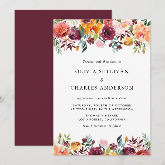 Invitation Aquarelle L'automne fleurit Floral Mariage (Devant / Derrière)