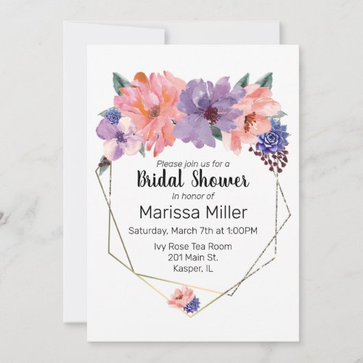 Invitation Aquarelle Lavande Bleue Bleu Or Frame (Devant)