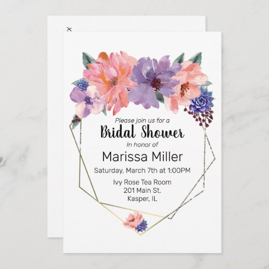 Invitation Aquarelle Lavande Bleue Bleu Or Frame (Devant / Derrière)