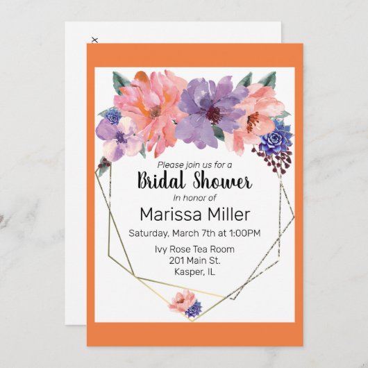 Invitation Aquarelle Lavande Bleue Bleu Or Frame (Devant / Derrière)