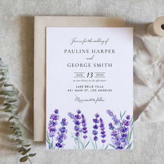 Invitation Aquarelle Lavande Fleurs Printemps Mariage