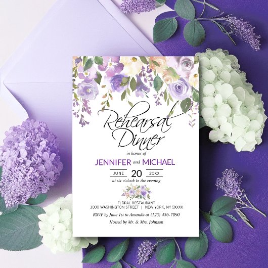 Invitation Aquarelle Lavande Florale Purple REHEARSAL DÎNER