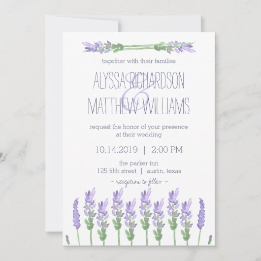 Invitation Aquarelle Lavande française sur Mariage blanc (Devant)
