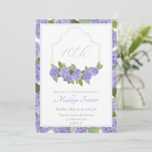 Invitation Aquarelle Lavande Hydrangea 70e anniversaire (Debout devant)