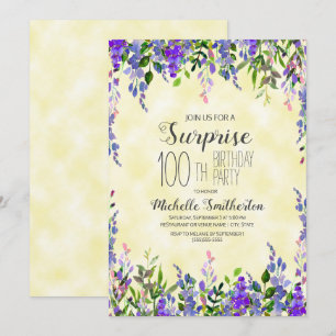 Invitation Aquarelle Lavande Jaune Surprise 100e Anniversaire