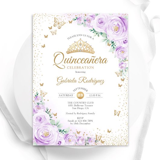 Invitation Aquarelle Lavande violet Floral Quinceanera