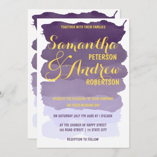 Invitation Aquarelle lavande violette ombre Mariage (Devant / Derrière)