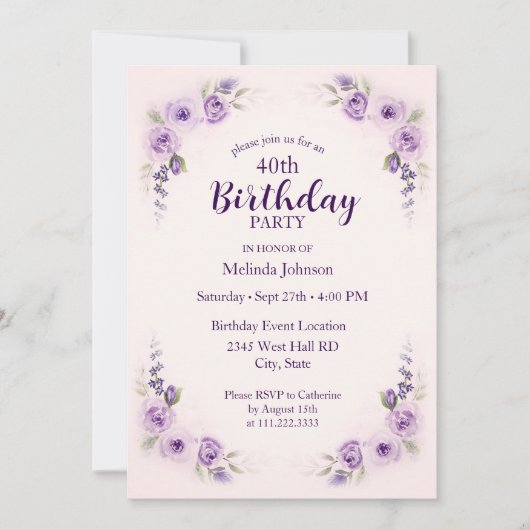 Invitation Aquarelle Lavender Blush Rose 40e anniversaire (Devant)