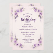 Invitation Aquarelle Lavender Blush Rose 40e anniversaire (Devant / Derrière)
