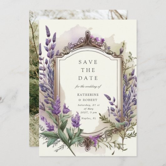 Invitation Aquarelle Lavender Floral Regal Enregistrer la dat (Devant / Derrière)
