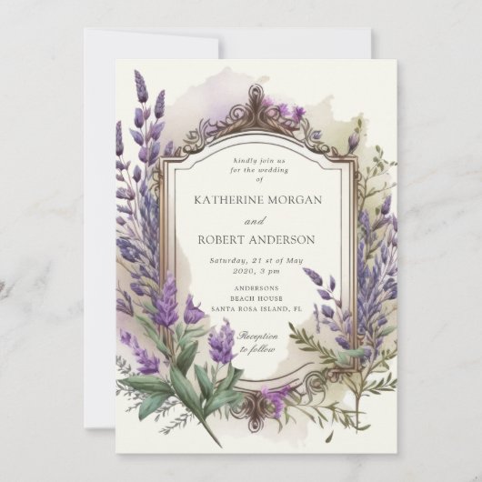 Invitation Aquarelle Lavender Floral Regal Mariage or (Devant)