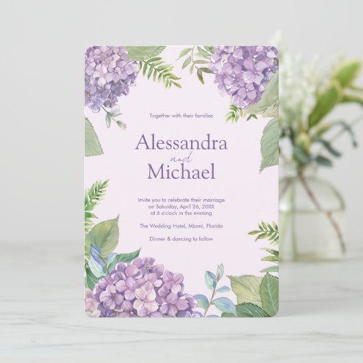 Invitation Aquarelle Lavender Hydrangea Fern Feuille Mariage (Debout devant)