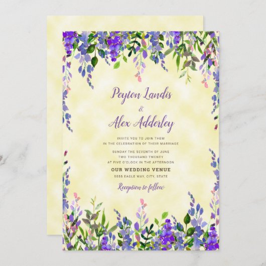 Invitation Aquarelle Lavender Mariage jaune (Devant / Derrière)