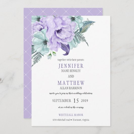 Invitation Aquarelle Lavender Mint Purple Peony Mariage (Devant / Derrière)
