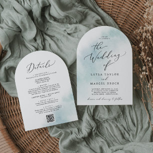 Invitation Aquarelle Laver Bleu Tout en un Mariage d'arche QR