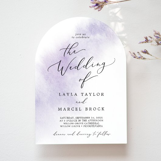 Invitation Aquarelle Laver violet Elegant Boho Arch Mariage