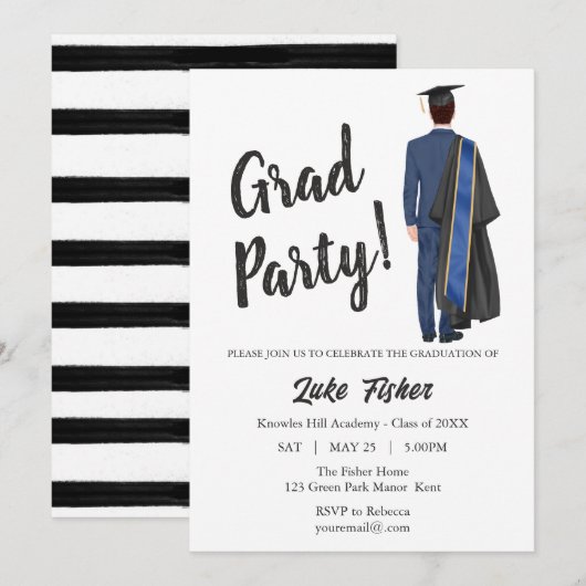 Invitation Aquarelle Leavers Graduation Gown & Casquette (Devant / Derrière)